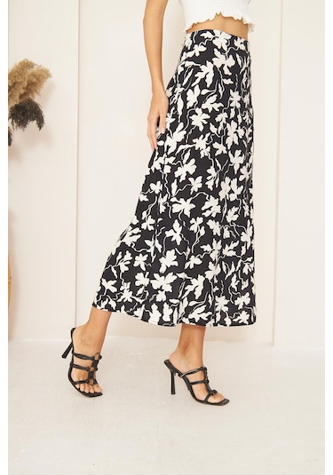 Darlin Moda Siyah Yaprak Desenli Yırtmaçlı Midi Etek Dm2014 Siyah