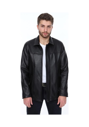 Hakiki Kuzu Derisi Gömlek Yaka Fermuarlı Erkek Deri Ceket Siyah Siyah