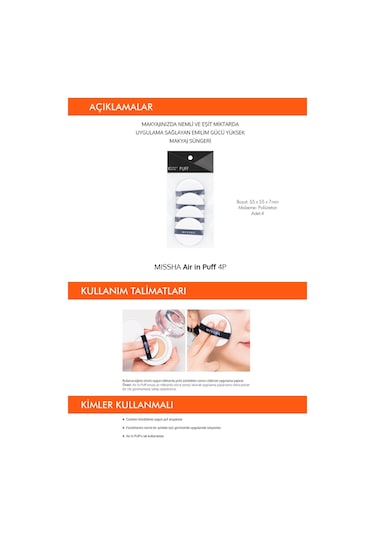 Missha Air In Puff Nemli ve Eşit Miktarda Uygulama Sunan Emilim Gücü Yüksek Makyaj Süngeri 4 Adet