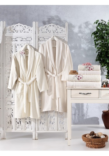 Family Nakışlı Krem & Krem Aile Bornoz Seti 6 Parça Çeyizlik Kadı