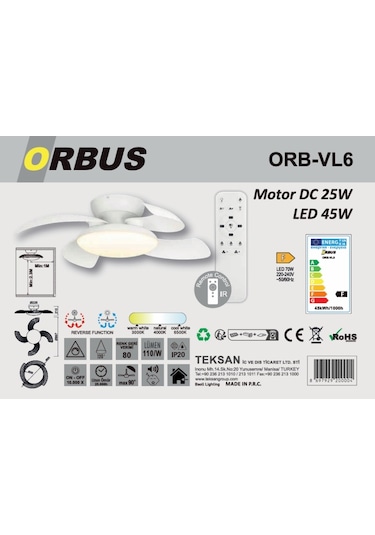 Orbus VL6 Uzaktan Kumandalı Led Tavan Vantilatörü