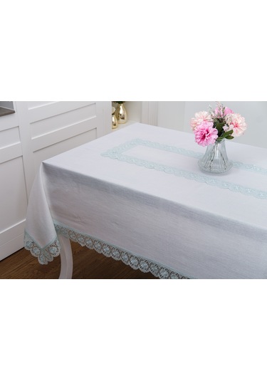 Finezza Jena Lüx Dantelli Simli Keten Kumaş Krem Masa Örtüsü 160x220 cm-1472