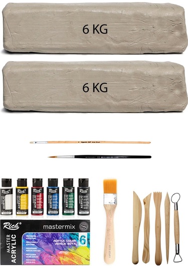 Beyaz Seramik Hamuru 12 Kg Master Mix Akrilik Set Ana Renk 6lı 60cc Ebeşuar Seti Kil Çamur Seti