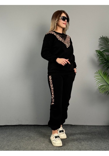 Modaserdem Kadın Üç Iplik Kumaş Leopar Desenli Dantel Detaylı Ikili Takım Siyah