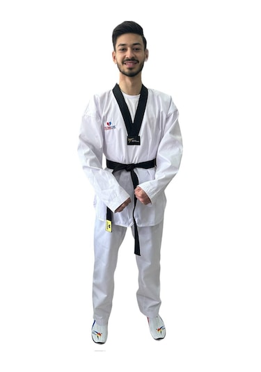 Jumok Siyah Yaka Fitilli Taekwondo Elbisesi Beyaz - Siyah