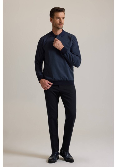 Ysf Erkek Lacivert Polo Yaka Pamuklu Sweatshirt