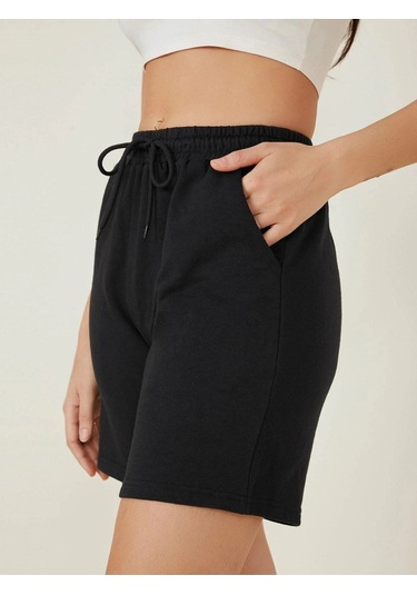 Siyah Kısa Düz Renk Baskısız Şort - Penye Baskısız Kordonlu Siyah