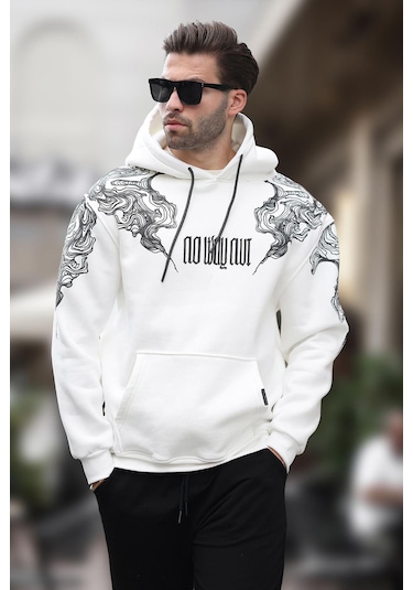 Madmext Ekru Kapüşonlu Cep Detaylı Baskılı Erkek Sweatshirt 7052-ekru Ekru