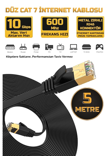 5 Metre Yassı Cat 7 Ethernet Kablosu 10 Gigabit/s 600 Mhz