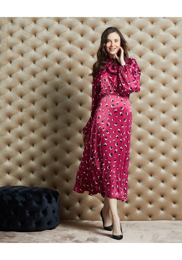 Desenli Kadın Saten Elbise - Bağlamalı Yaka Detaylı - Modern Ve Şık Tasarım - Özel Davet Ve Günlük Kullanım İçin Elbise Mor