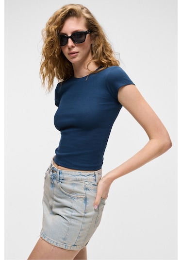 Grimelange HOPEWELL Kadın Yuvarlak Yaka Örme Slim Fit Lacivert T-Shirt