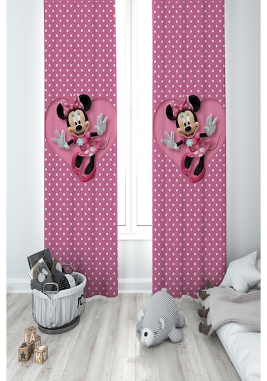 Mekta Home Bebek Ve Çocuk Odası Büyük Kalpli Minnie Mause Desenli 2 Kanat Fon Perde