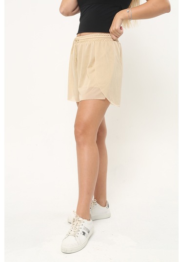 Kadın Krem Kumaş Bol Kesim Spor Şort Krem