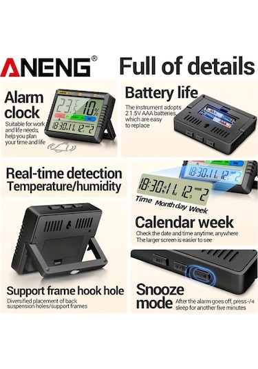 Boatshop1 Aneng Ap01 Grey Cat Dijital Termometre Higrometre Büyük Lcd Ekran Akıllı Alarm Saati Ev Ofis
