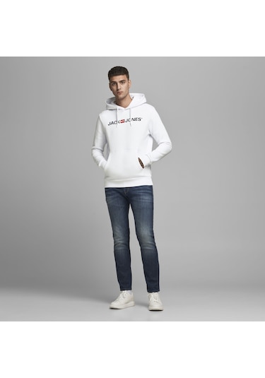 Jack & Jones Kapüşonlu Logolu Sweatshirt- Corplogo 12137054 White Beyaz