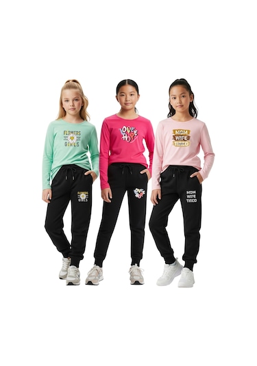 3'lü Sıfır Yaka Baskılı Kız Çocuk Alt-üst Takım Çok Renkli