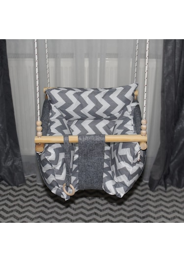 Ahşap Çocuk & Bebek Salıncağı Gri Renk Minder Yastık Ve Diş Halkalı Tavan Salıncak
