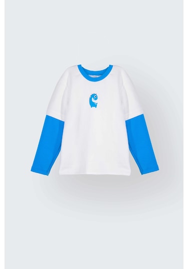 Luess Erkek Çocuk Dino Nakışlı %100 Pamuklu Sweatshirt 1-2 Yaş 5-6 Yaş -Beyaz