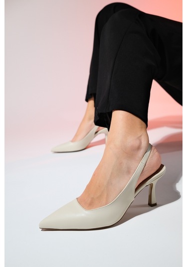 Luvishoes Flem Ekru Cilt Kadın Sivri Burun Arkası Açık İnce Topuklu Ayakkabı Ekru