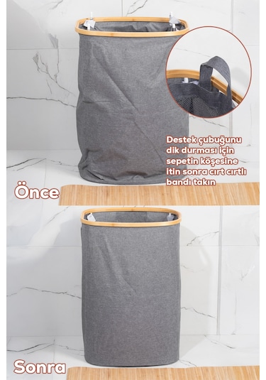 Porsima Mio-101 Bambu Banyo Kirli Çamaşır Sepeti Banyo Düzenleyici Sepet 44x66 Cm Renkli