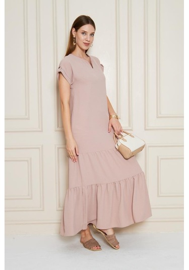 Kadın Uzun Eteği Fırfırlı Kısa Kol Apolet Detaylı Salaş Günlük Rahat Elbise 3761366 Pudra