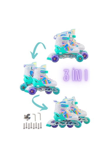 Unicorn Işıklı Paten Kask Koruma Seti 2+2 Gökkuşağı Kız Çocuk Pateni Silikon Teker,taşıma Çantalı 3