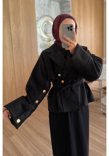 Kahijab Gold Düğme Kolları Kaşe Trençkot - Siyah