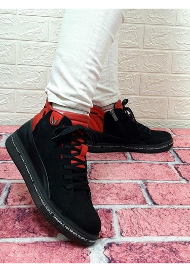 Voyager 8498 Siyah-Kırmızı Hakiki Deri Kaymaz Taban Fermuarlı Bağ