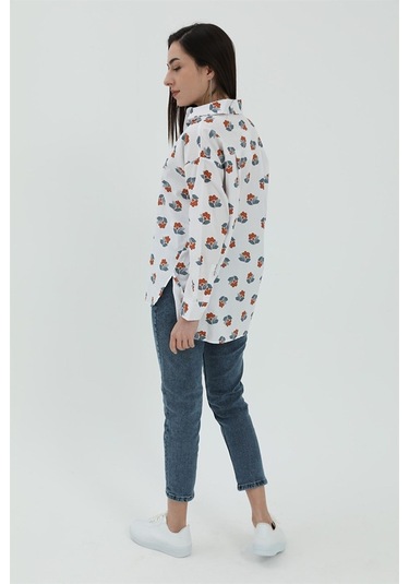 Çiçek Desen Kol Katlamalı Gömlek - Beyaz-beyaz Beyaz