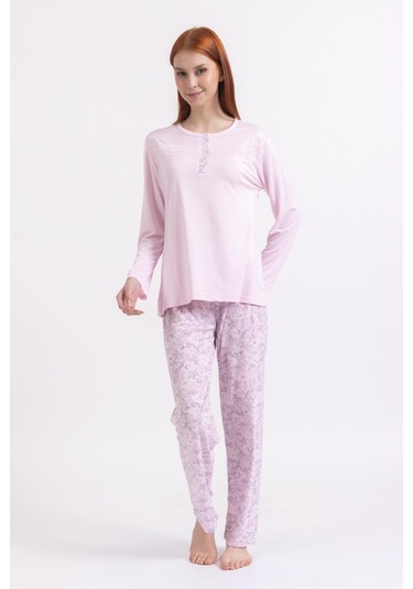 Kadın Dört Mevsim Dantel Desenli Melisa Kumaş Yüksek Kalite Yuvarlak Yaka Pijama Takımı 1361 - Pembe Kadın Dört Mevsim Dantel Desenli Melisa Kumaş Yüksek Kalite Yuvarlak Yaka Pijama Takımı 1361 - Pembe