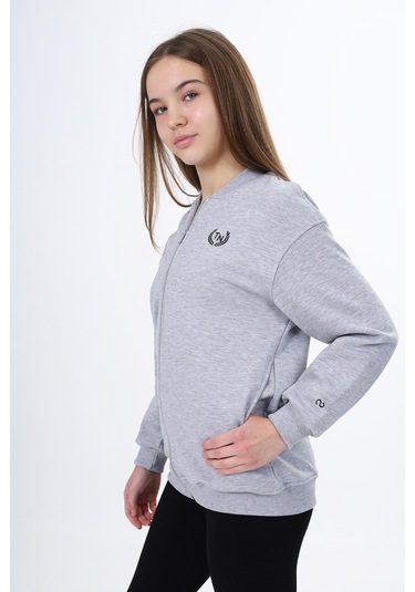 Toontoy Kız Çocuk Kolej Yaka Fermuarlı Cepli Düşük Omuz Baskılı Örme Hırka - 2 İplik Şardonlu Gri Melanj