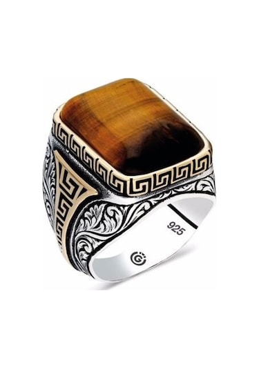 925 Ayar Gümüş Kaplan Gözü Taşlı Köşeli Erkek Yüzük - 554996064