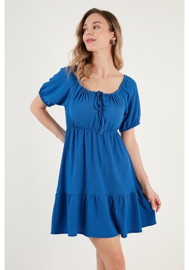 Lela Önü Büzgülü Balon Kollu Mini Bayan Elbise 5869005 Saks