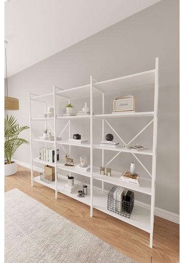 Nilamu Beyaz 200 Cm Kitaplık Metal Gövde, Açık Raflı Organizer Ve Düzenleyici Beyaz
