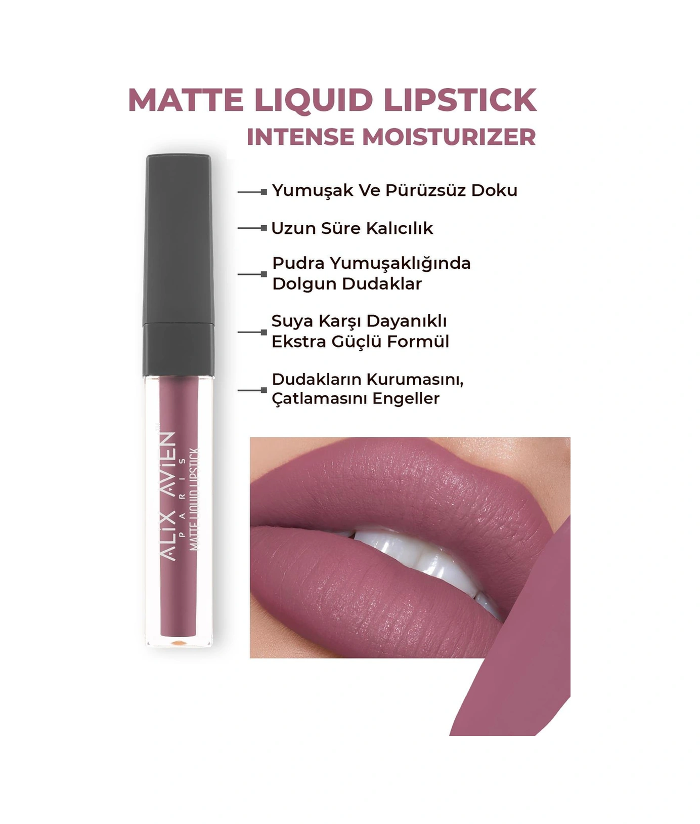 Alix Avien Uzun Süre Kalıcı Kadifemsi Kuruma Yapmayan Mat Likit Ruj Matte Liquid Lipstick 510 Dark Rose