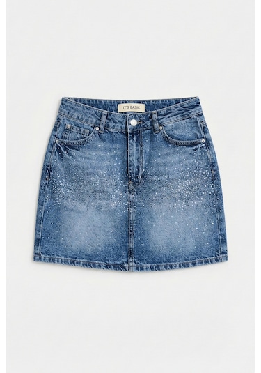 Itsbasic Kadın Mavi T2-4s6-4 Straight Fit Parlak Taşlı Özel Tasarım Mini Denim Etek