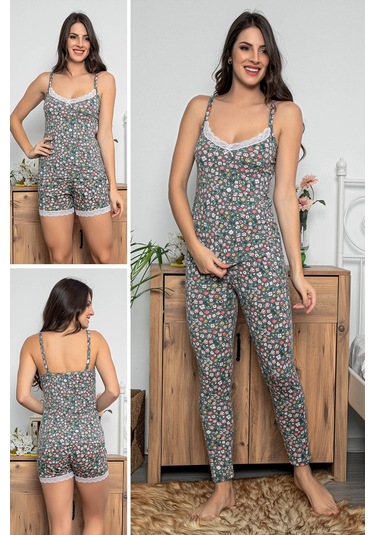 Kadın Antrasit Renkli Dantel Detaylı Şortlu Ve Taytlı Çeyizlik Pijama Takımı 3'lü Set 75003 Antrasit