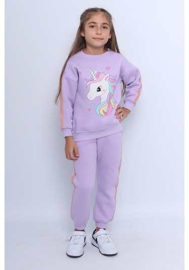 Kız Çocuk 3 İplik Eşofman Takımı Unicorn Baskılı Şeritli C25 LİLA