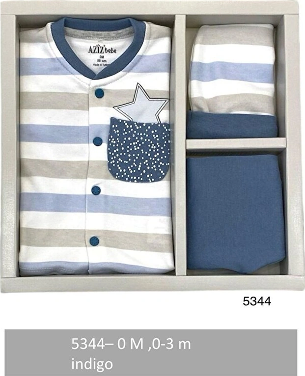 Aziz Bebe %100 Pamul Erkek Bebek 5'li Hastane Çıkışı İndigo Azz.indg.5344 İndigo