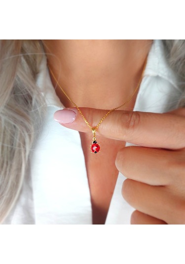 925 Ayar Gümüş Kırmızı Uğur Böceği Kolye Gold