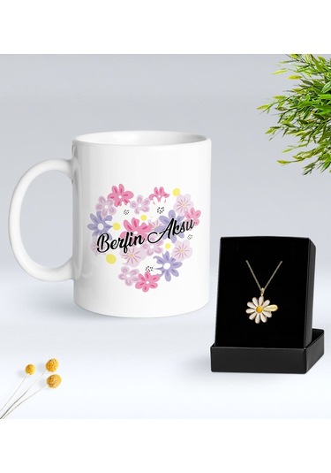 Bk Gift Kişiye Özel İsimli Çiçek Tasarımlı Beyaz Kupa Ve Papatya Kolye Hediye Seti - 17, Sevgiliye Hediye, Anneye Hediye, Arkadaşa Hediye Kobitmeyenco