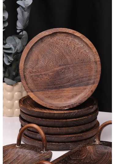 Bambum 8 Parça Pavlonya Obsidian Ahşap Sunum Seti Yuvarlak Ve Dikdörtgen Ayaklı Servis Tabaklar Ahşap