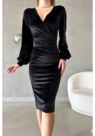 Nnstartshopping Kadın Kadife Kumaş Kruvaze Yaka Balon Kol Ve Yırtmaç Detaylı Midi Boy Elbise Siyah