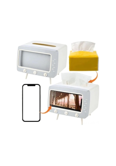 Singree Retro Tv Desenli Çift Fonksiyonlu Servet Tutucu Ve Telefon Tutucu - Ev, Ofis, Restoran Kullanıma Uygun Abs+pp Malzeme Beyaz