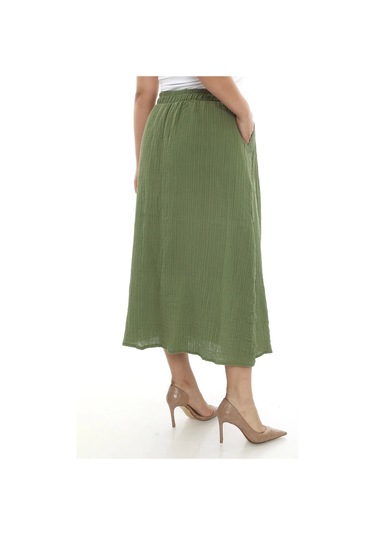 Büyük Beden Kadın Astarlı Müslin Kumaş Düğmeli Cepli Uzun Etek Haki