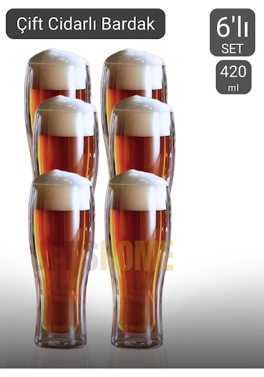 6 Lı Set Bira Bardağı Kahve Bardağı Çift Cidarlı Bardak Meşrubat Bardağı 420 Ml Şeffaf