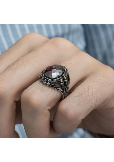 Oval Kırmızı Taşlı 925 Gümüş Erkek Yüzük