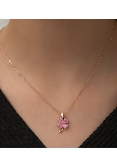 925 Ayar Gümüş Pembe Taşlı Yonca Kolye Kadın Gümüş Kolye