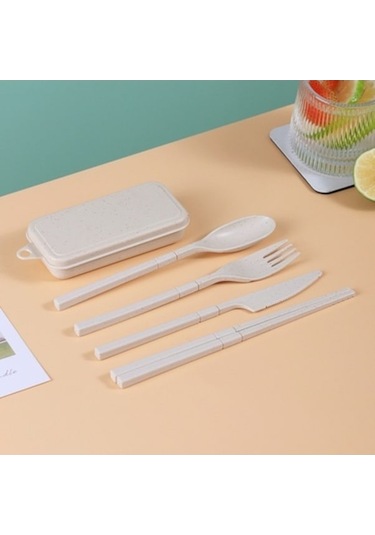 Yeniden Kullanılabilir Seyahat Kamp Beslenme Çantası İçin Kaşık Çatal Set Bej Beyaz