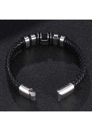 Vintage El Dokuması Çevre Dostu Deri Tokalı Bileklik Erkek Modası Dini Muska Takı Siyah